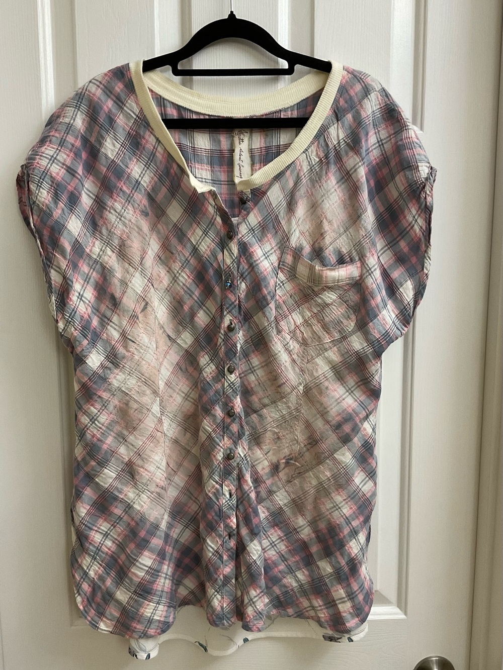 ARATTA Cotton Floral And Plaid Front Button Closure Top Size L